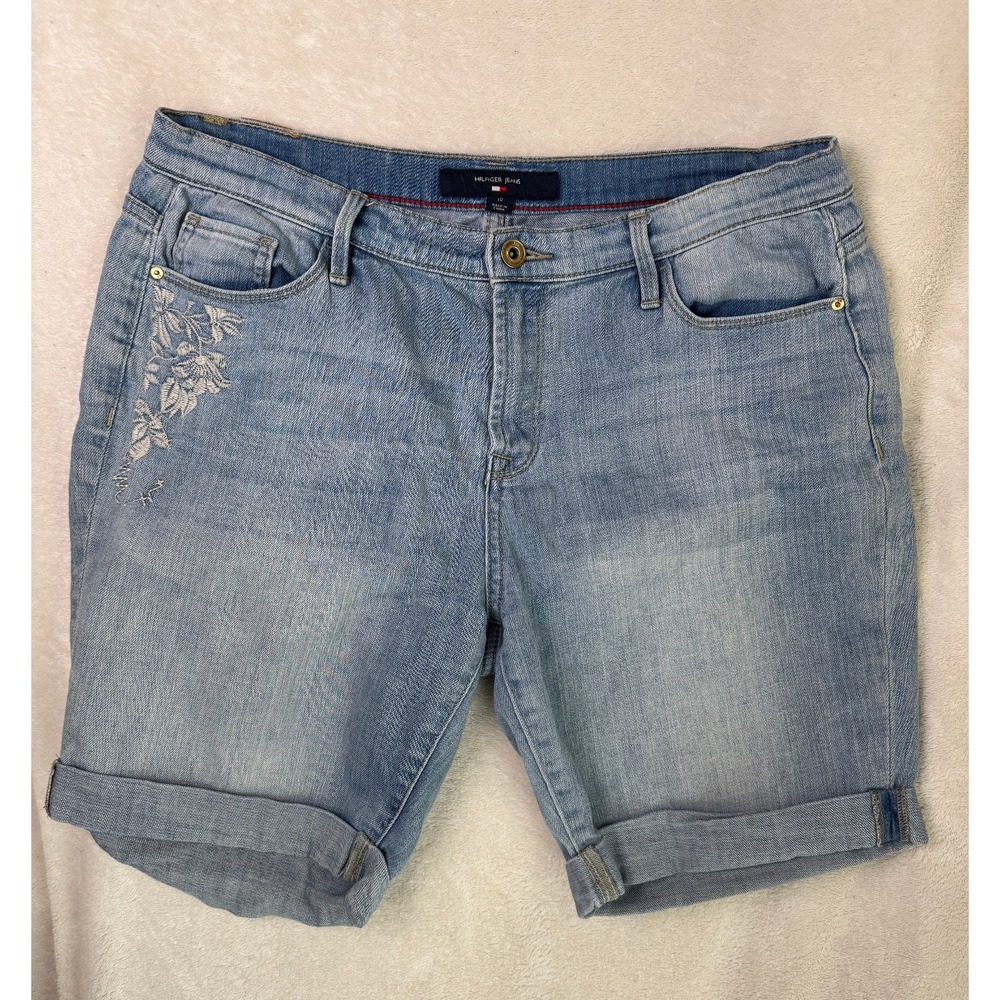 Tommy Hilfiger Embroidered Floral Pocket Shorts Size 10 Blue Denim Y2K Vintage